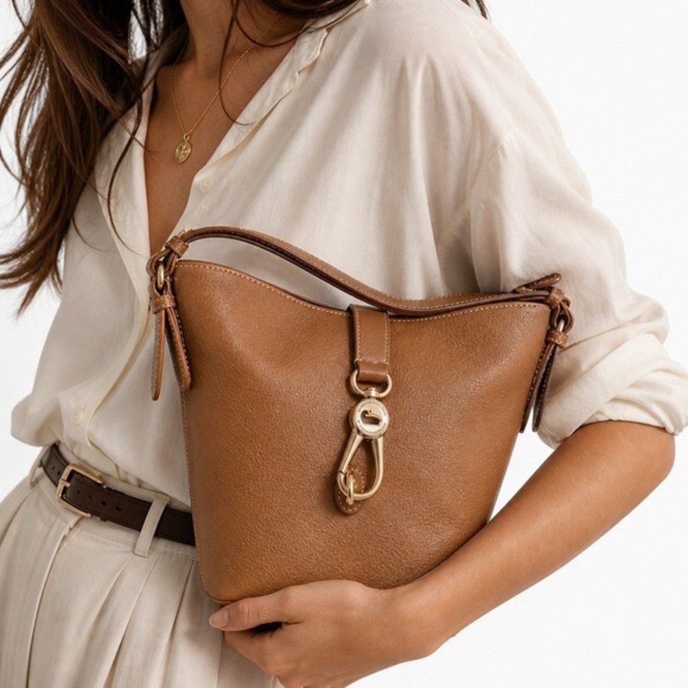 Dooney & Bourke Florentine Pebbled Leather Lily Bucket Bag Caramel - Picture 2 of 16